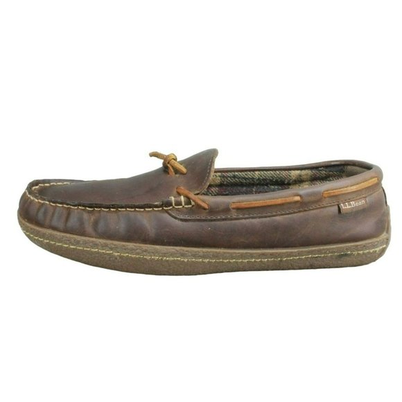 LL Bean Brown Leather Slip On Flannel Lined Moccasin Slippers Size 10 M - Picture 1 of 9